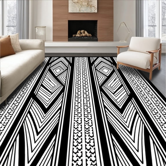 ODIKA 8'x10' Machine Washable Non-Slip Area Rug, Interlocking with Bold Black and Contrast High Traffic Rug, Black, 386689