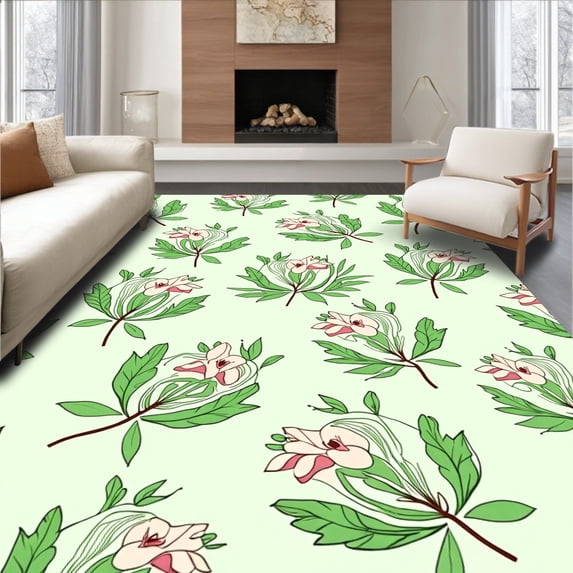 ODIKA 8'x10' Machine Washable Non-Slip Area Rug, Interlocking Letter Garden with Petal Motifs and Leaf Accents High Traffic Rug with Pad, Green, 687872