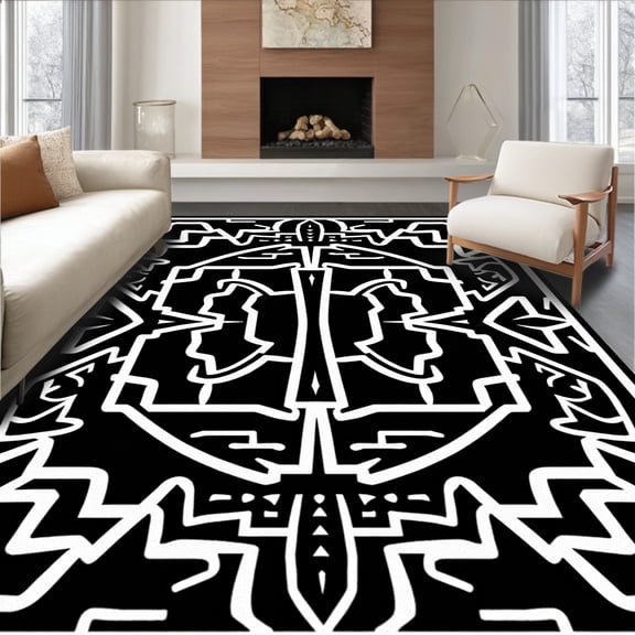 ODIKA 8'x10' Machine Washable Non-Slip Area Rug, Interlocking Maze Inspired with Art Influences High Traffic Rug, Black, 546935