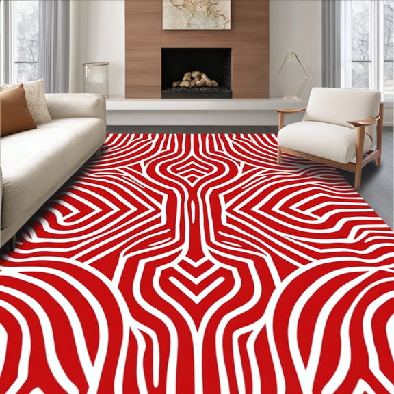 ODIKA 8'x10' Machine Washable Non-Slip Area Rug, Interlocking Maze with Modern Abstract Waves Motif High Traffic Rug, Red, 551865
