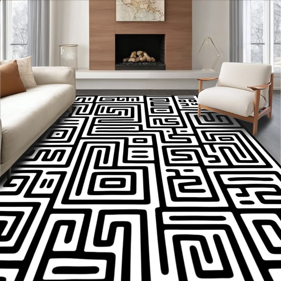 ODIKA 8'x10' Machine Washable Non-Slip Area Rug, Interlocking Maze with Modern Graphic Flair High Traffic Rug, Black, 545744