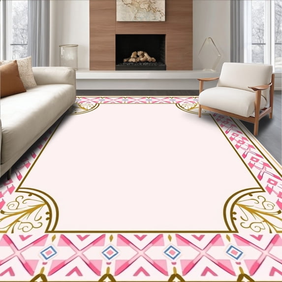 ODIKA 8'x10' Machine Washable Non-Slip Area Rug, Interlocking Trellis with Subtle Art Influence High Traffic Rug, Pink, 478588