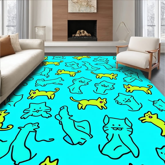 ODIKA 8x10 Machine Washable Non-Slip Area Rug, Internet Famous Cat Meme Floor Covering with Viral Feline Graphics High Traffic Rug, Yellow, 724637