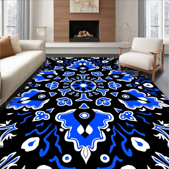 ODIKA 8'x10' Machine Washable Non-Slip Area Rug, Intricate Design with Ornate Floral and Spiral High Traffic Rug, Black, 715883
