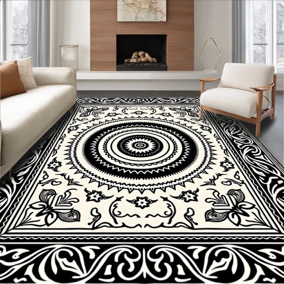 ODIKA 8'x10' Machine Washable Non-Slip Area Rug, Intricate Medallion Accent Floor Covering with Ornate Central Motif High Traffic Rug with Pad, Black, 661245