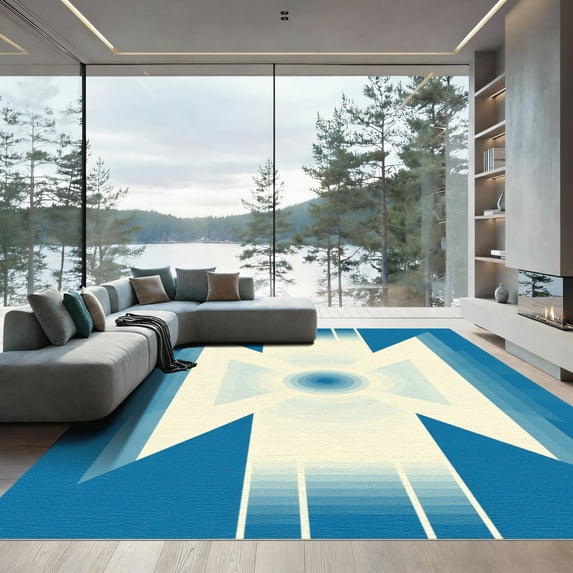 ODIKA 8'x10' Machine Washable Non-Slip Area Rug, Ivory & Starburst Burst High Traffic Rug, Blue, 892953