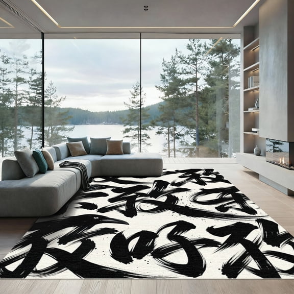 ODIKA 8'x10' Machine Washable Non-Slip Area Rug, Japanese Black High Traffic Rug, Black, 932472
