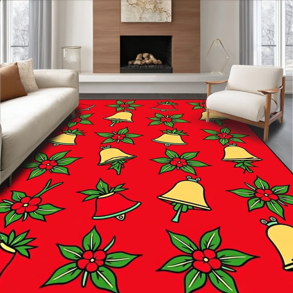 ODIKA 8'x10' Machine Washable Non-Slip Area Rug, Jingle Bell Pathway Seasonal Celebration Festivity Entrance High Traffic Rug with Pad, Red, 739309