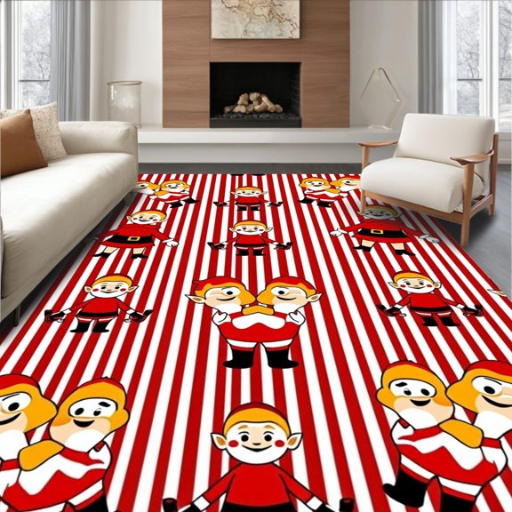 ODIKA 8'x10' Machine Washable Non-Slip Area Rug, Jolly Bearded Elf Entry with Cane Stripe Accents High Traffic Rug, Red, 638533