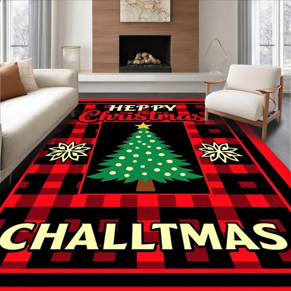 ODIKA 8'x10' Machine Washable Non-Slip Area Rug, Jolly Holiday Checkered Tree with Vintage Lettering and Sprinkles High Traffic Rug with Pad, Red, 651556