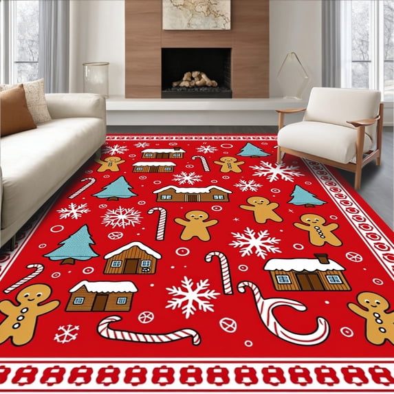 ODIKA 8'x10' Machine Washable Non-Slip Area Rug, Jolly Winter Farmhouse Celebration Motif High Traffic Rug, Red, 624063