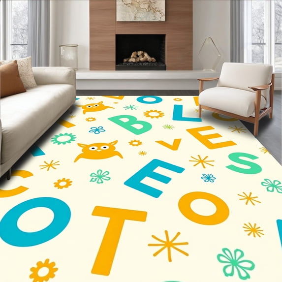 ODIKA 8'x10' Machine Washable Non-Slip Area Rug, Joyful Animal Alphabet with Smiling Creatures and Letter Motifs High Traffic Rug with Pad, Orange, 679886