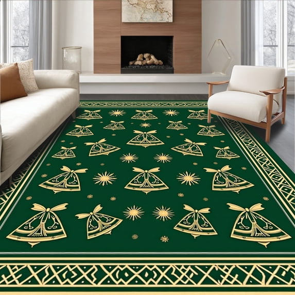 ODIKA 8'x10' Machine Washable Non-Slip Area Rug, Joyful Bells Symphony Yuletide Entrance Hearth Festivity High Traffic Rug with Pad, Green, 653492