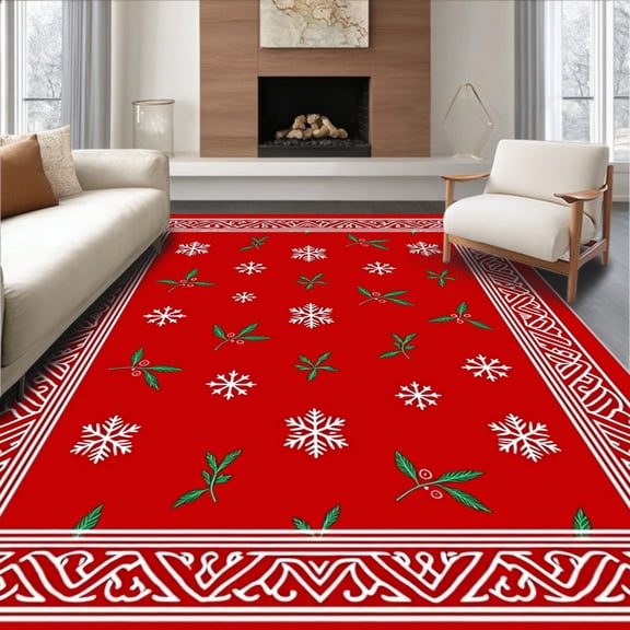 ODIKA 8'x10' Machine Washable Non-Slip Area Rug, Joyful Celebration Yuletide Decorative Pathway Accent High Traffic Rug, Red, 638802