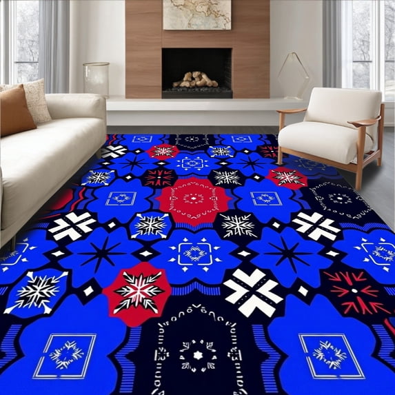 ODIKA 8'x10' Machine Washable Non-Slip Area Rug, Joyful Crystal Flurry Lumberjack Decorative High Traffic Rug with Pad, Blue, 608476
