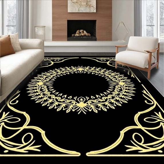 ODIKA 8'x10' Machine Washable Non-Slip Area Rug, Joyful Evergreen Welcome Hearth Entrance Seasonal Festivity High Traffic Rug, Black, 738263