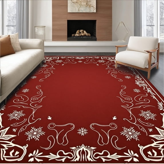 ODIKA 8'x10' Machine Washable Non-Slip Area Rug, Joyful Frosty Wonderland Magical Yuletide Adornment High Traffic Rug with Pad, Red, 623225