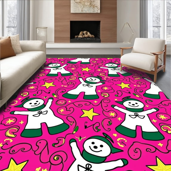 ODIKA 8'x10' Machine Washable Non-Slip Area Rug, Joyful Holiday Scene Featuring Playful Snowmen and Twinkling Stars High Traffic Rug with Pad, Pink, 734213