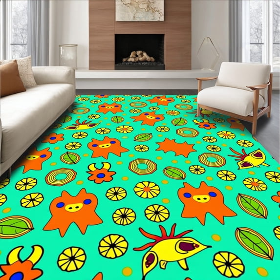 ODIKA 8'x10' Machine Washable Non-Slip Area Rug, Joyful Jungle Critter Mosaic with Stylized Foliage and Playful High Traffic Rug, Orange, 683073