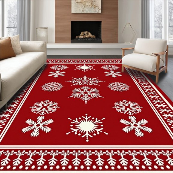 ODIKA 8'x10' Machine Washable Non-Slip Area Rug, Joyful Nordic Flurry Half Round Decorative Accent High Traffic Rug, Red, 663060