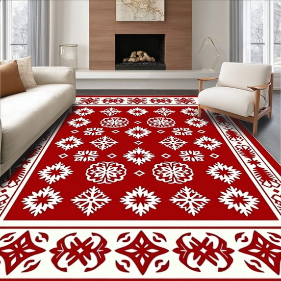 ODIKA 8'x10' Machine Washable Non-Slip Area Rug, Joyful Nordic Yuletide Hearth Embellishment High Traffic Rug with Pad, Red, 611412