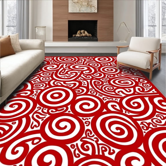 ODIKA 8'x10' Machine Washable Non-Slip Area Rug, Joyful Peppermint Swirl Yuletide Decoration Nostalgic Design High Traffic Rug with Pad, Red, 621874