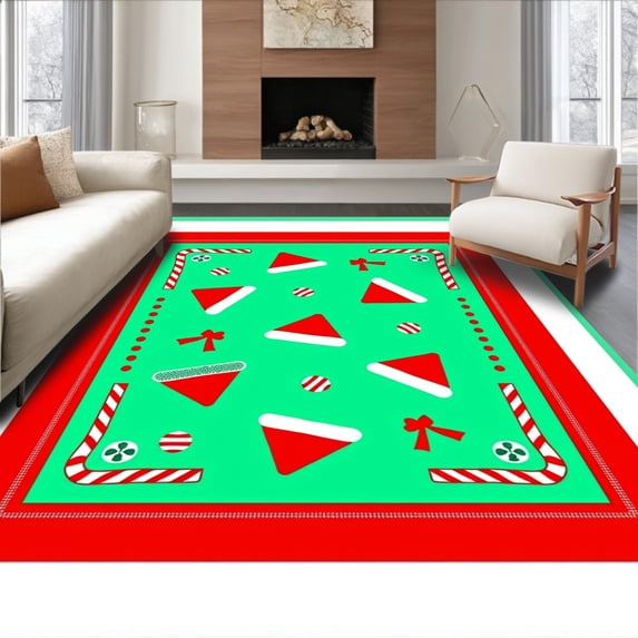 ODIKA 8'x10' Machine Washable Non-Slip Area Rug, Joyful Santa Hat Xmas Celebration Accent High Traffic Rug with Pad, Red, 623361