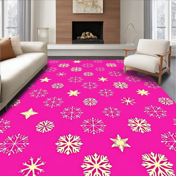 ODIKA 8'x10' Machine Washable Non-Slip Area Rug, Joyful Snow Celebration Sparkling Festive Embellishment High Traffic Rug with Pad, Pink, 639562