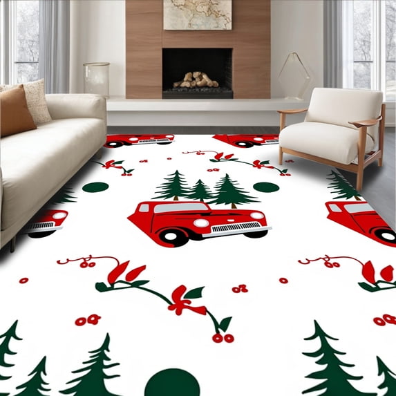 ODIKA 8'x10' Machine Washable Non-Slip Area Rug, Joyful Vintage Truck Hauling Evergreen Doorway Welcome High Traffic Rug, Red, 628085