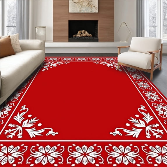 ODIKA 8'x10' Machine Washable Non-Slip Area Rug, Joyful Winter Celebration Front Entry Greeting High Traffic Rug, Red, 608413