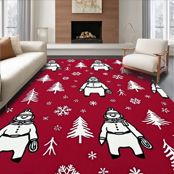 ODIKA 8'x10' Machine Washable Non-Slip Area Rug, Joyful Winter Wonderland Featuring Snowman and Frosted Pine Trees High Traffic Rug with Pad, Red, 617900
