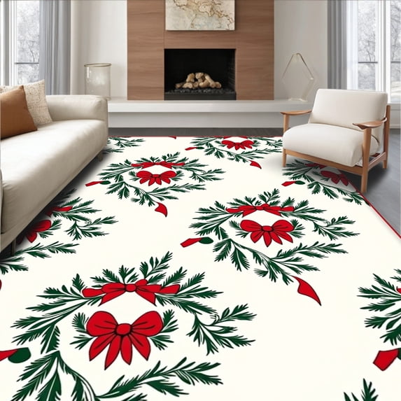 ODIKA 8'x10' Machine Washable Non-Slip Area Rug, Joyful Winter Wreath with Ribbon Bow Motifs High Traffic Rug, Green, 742257