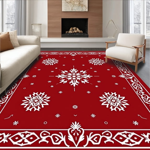 ODIKA 8'x10' Machine Washable Non-Slip Area Rug, Joyful Yuletide Enchanting Magical Whimsical Decorative Hearth High Traffic Rug, Red, 606703