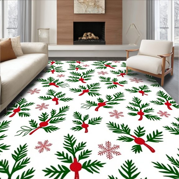 ODIKA 8'x10' Machine Washable Non-Slip Area Rug, Joyful Yuletide Evergreen Celebration Decorative Floor Covering High Traffic Rug, Green, 735607