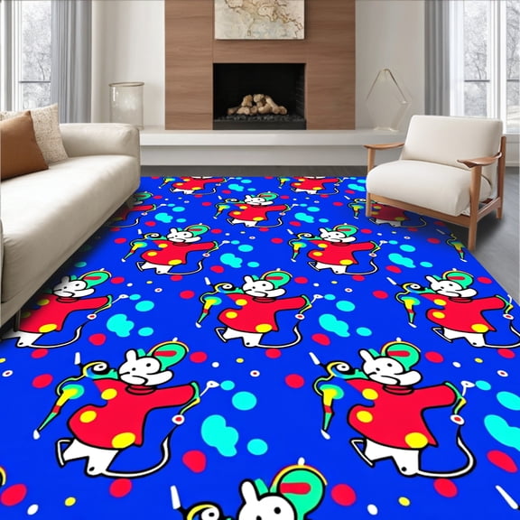 ODIKA 8'x10' Machine Washable Non-Slip Area Rug, Jubilant Mouse Parade with Interlocking Polka Dots and Confetti Motif High Traffic Rug, Blue, 723345