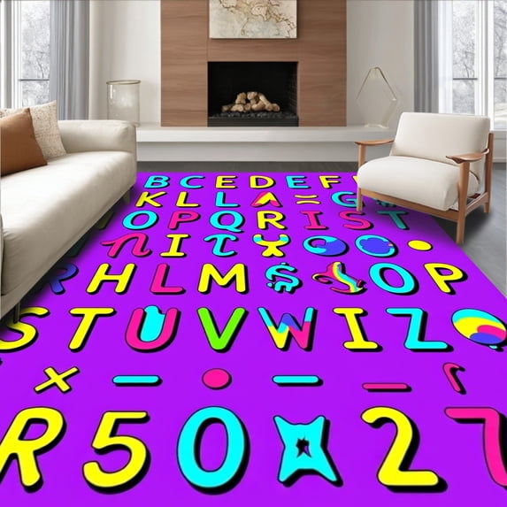 ODIKA 8'x10' Machine Washable Non-Slip Area Rug, Jumbo Letter Grid Knowledge Adventure Kindergarten Discovery High Traffic Rug, Purple, 698937