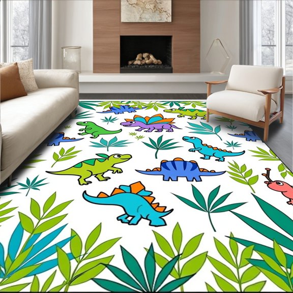 ODIKA 8x10 Machine Washable Non-Slip Area Rug, Jurassic Adventure Prehistoric Creatures Playmat High Traffic Rug with Pad, Green, 580174