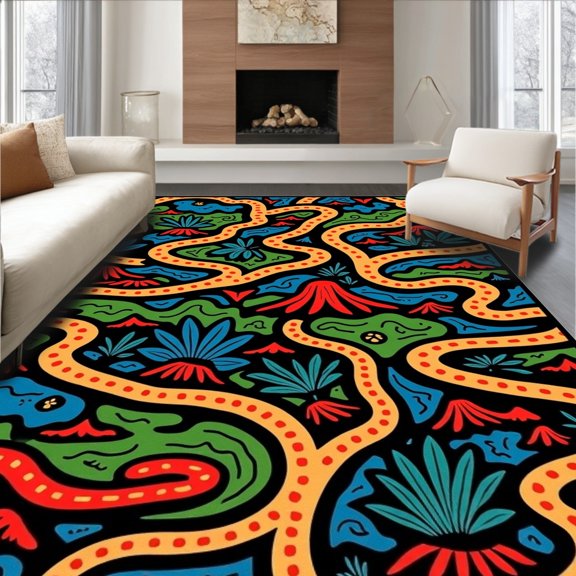 ODIKA 8x10 Machine Washable Non-Slip Area Rug, Jurassic Explorer Journey Path Adventurous Discovery Floor Art High Traffic Rug with Pad, Orange, 696176