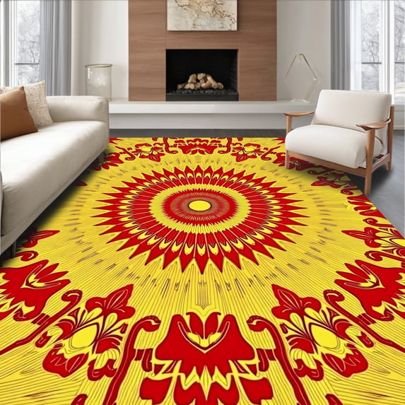 ODIKA 8'x10' Machine Washable Non-Slip Area Rug, Kaleidoscope Flower Burst with Radiating Petal Design High Traffic Rug with Pad, Red, 572000