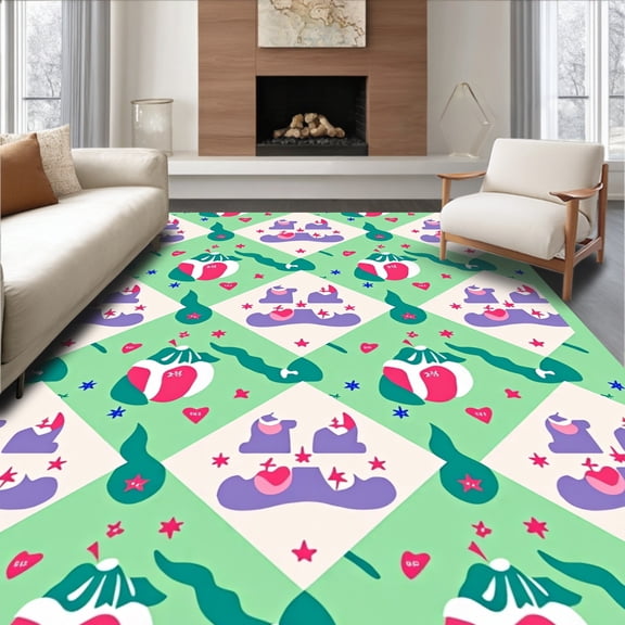 ODIKA 8'x10' Machine Washable Non-Slip Area Rug, Kawaii Castle Pile with Emblems High Traffic Rug, Green, 489046