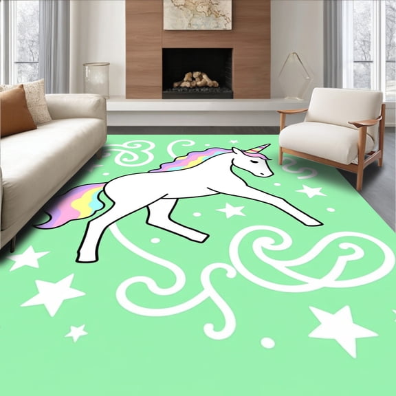 ODIKA 8'x10' Machine Washable Non-Slip Area Rug, Kawaii Pastel Unicorn Motif with Dreamy Swirls and Stars High Traffic Rug, Green, 489036