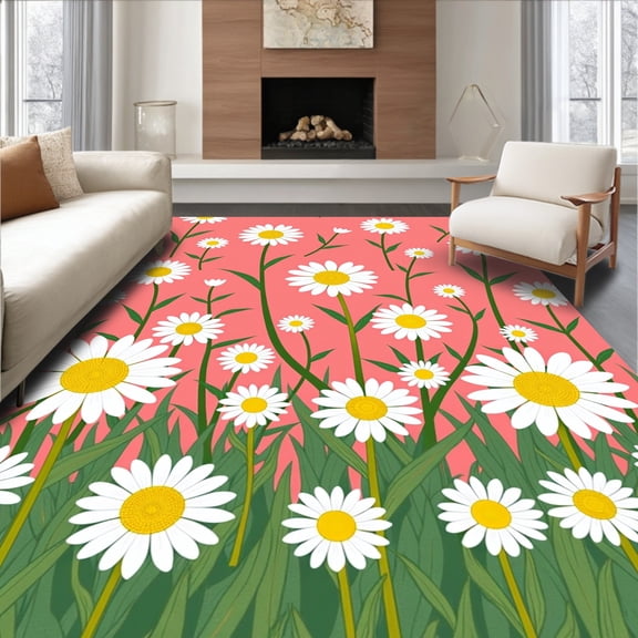 ODIKA 8'x10' Machine Washable Non-Slip Area Rug, Latch Hook Kit Blooming Daisy Meadow Needlework Project High Traffic Rug, Pink, 642732