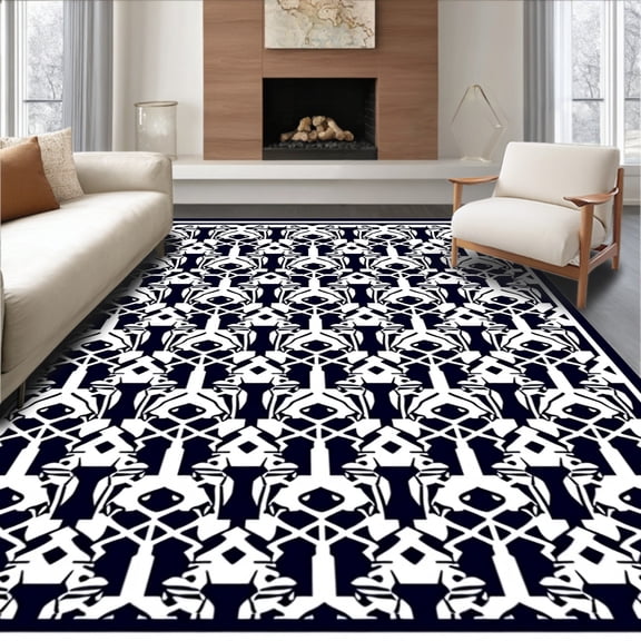 ODIKA 8'x10' Machine Washable Non-Slip Area Rug, Lattice with Interlocking Hexagon Motifs Contemporary Design High Traffic Rug, Black, 582058