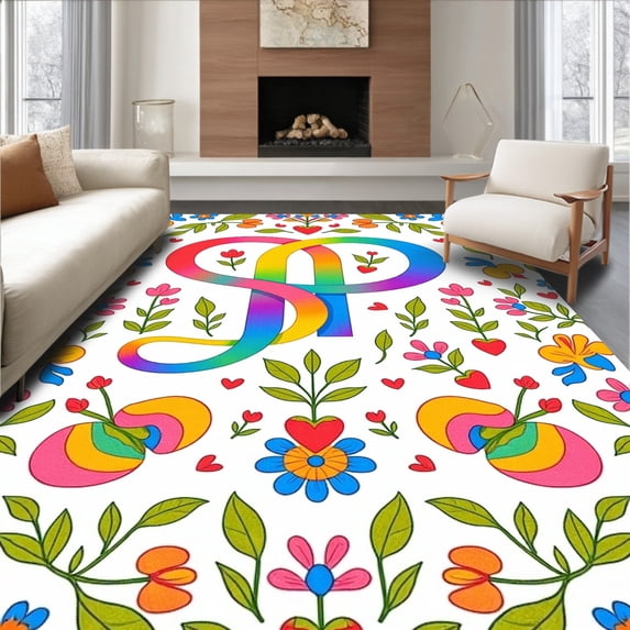 ODIKA 8'x10' Machine Washable Non-Slip Area Rug, Learning Garden Interlocking Letterscape with Whimsical Motifs High Traffic Rug, Pink, 691270