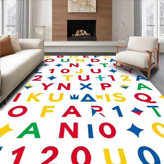 ODIKA 8'x10' Machine Washable Non-Slip Area Rug, Learning Letters Numbers Shapes Educational Non Slip High Traffic Rug, Red, 691737