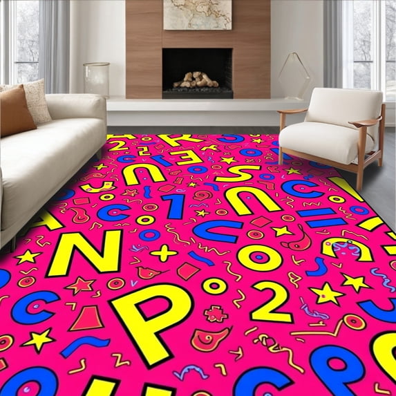 ODIKA 8'x10' Machine Washable Non-Slip Area Rug, Learning Steps Featuring Jumping Letter Blocks And Number Bursts High Traffic Rug, Pink, 697646