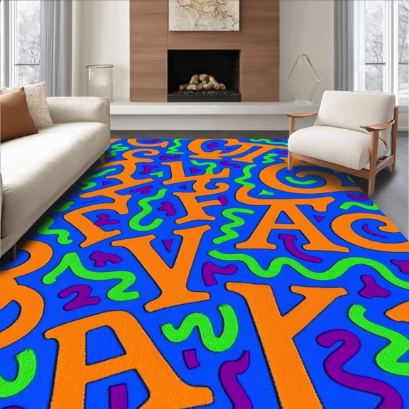 ODIKA 8'x10' Machine Washable Non-Slip Area Rug, Literacy Labyrinth Interlocking Alphabet Adventure High Traffic Rug, Orange, 689973