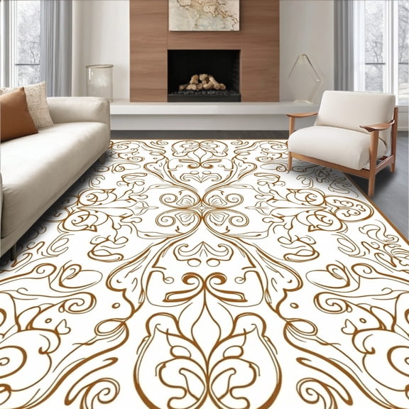 ODIKA 8'x10' Machine Washable Non-Slip Area Rug, Luxurious Scrollwork Abstract Paisley Grandeur Pathway High Traffic Rug, Brown, 522791
