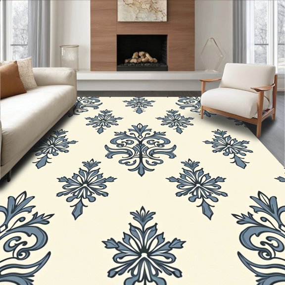ODIKA 8'x10' Machine Washable Non-Slip Area Rug, Luxurious Transitional Damask Interlocking Symmetrical Floret High Traffic Rug, Ivory, 658428