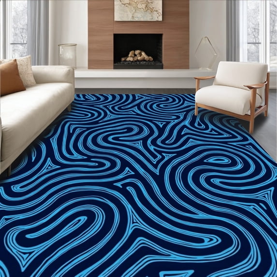ODIKA 8'x10' Machine Washable Non-Slip Area Rug, Luxurious Wavy Lattice Plush Touch High Traffic Rug with Pad, Blue, 532002